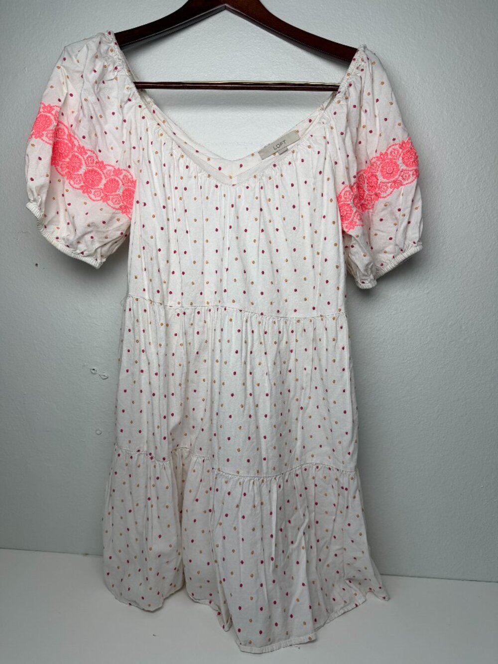 LOFT White Dotted Embroidered V-Neck Tiered Mini Dress